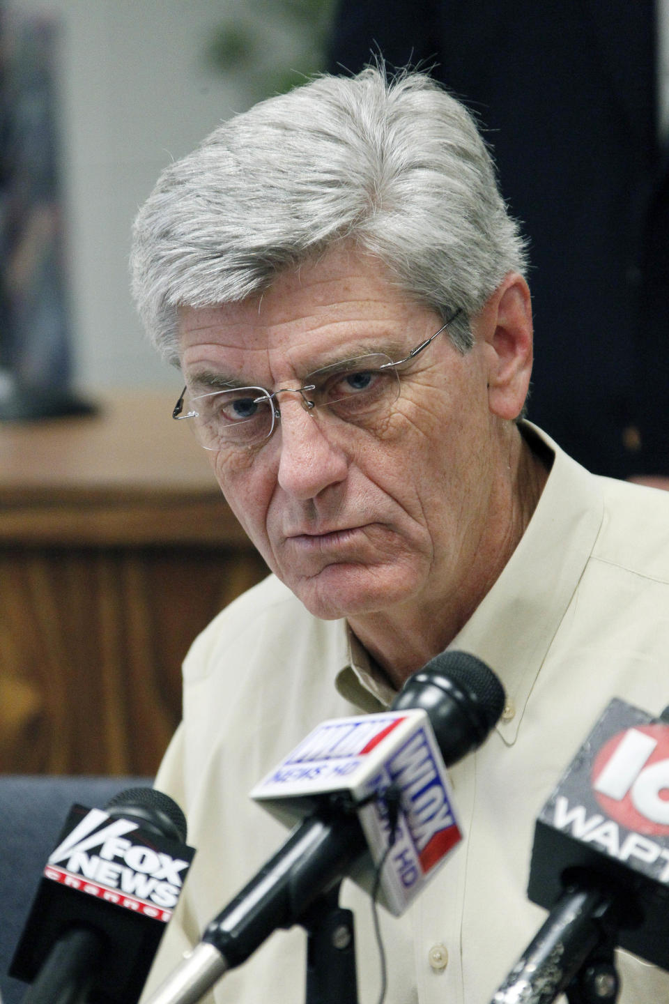 Gov. Phil Bryant discusses Gulf Coast preparations for Tropical Storm Isaac during a news conference at the Harrison County Emergency Operations Center in Gulfport, Miss., Monday, Aug. 27, 2012. (AP Photo/Rogelio V. Solis)