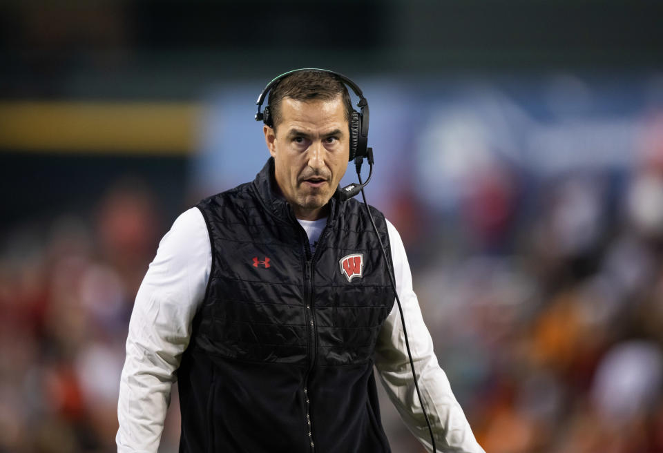 Dec. 27, 2022; Phoenix, Arizona; Wisconsin Badgers head coach Luke Fickell against the Oklahoma State Cowboys in the second half of the 2022 Guaranteed Rate Bowl at Chase Field. Mark J. Rebilas-USA TODAY Sports