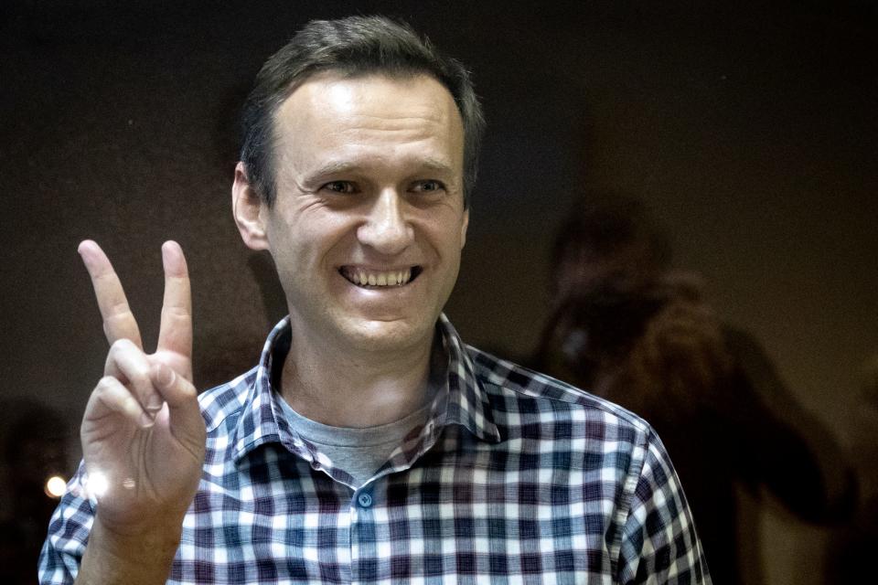 Russian opposition leader Alexei Navalny is seen in court in Moscow on Feb. 20, 2021.