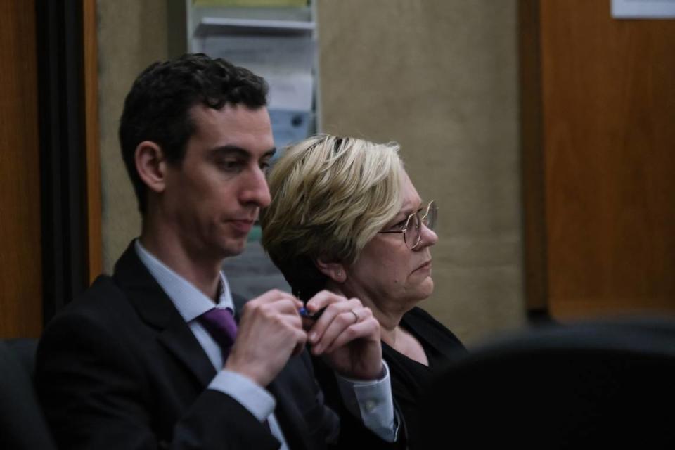Andrea Bowen-Gardner, right, and her attorney Jeremy Cutcher sit during Bowen-Gardner’s sentencing on June 10, 2024, for three felony counts of embezzlement and one felony count of writing a bad check. Bowen-Gardner pleaded no contest to the crimes after being accused of consigning items at her store, Timeless Treasures, and not paying consigners once their items sold.
