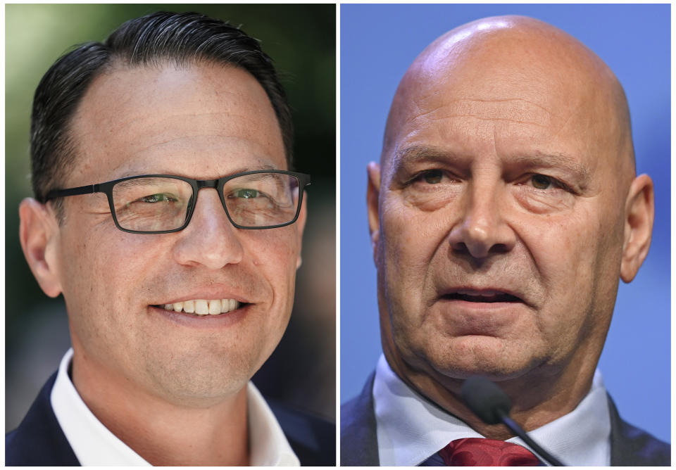 This combination of photos shows Pennsylvania Democratic gubernatorial candidate state Attorney General Josh Shapiro on June 29, 2022, in Philadelphia, left, and Pennsylvania Republican gubernatorial candidate Doug Mastriano on Sept. 29, 2022, in Erie, Pa., right. (AP Photo)