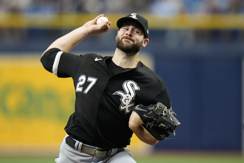 Chicago White Sox's Lucas Giolito pitches to the Tampa Bay Rays during the first inning of a baseball game Sunday, April 23, 2023, in St. Petersburg, Fla. (AP Photo/Chris O'Meara)