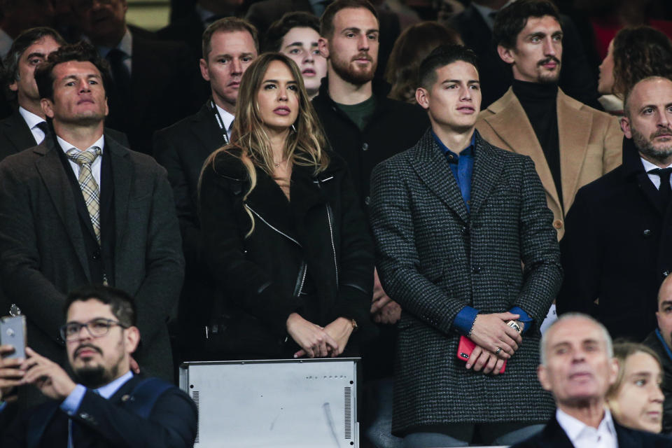 James Rodríguez y Shannon de Lima presentes en la final de la Copa Libertadores en el Estadio Santiago Bernabéu. Foto: Xavier Bonilla/NurPhoto via Getty Images