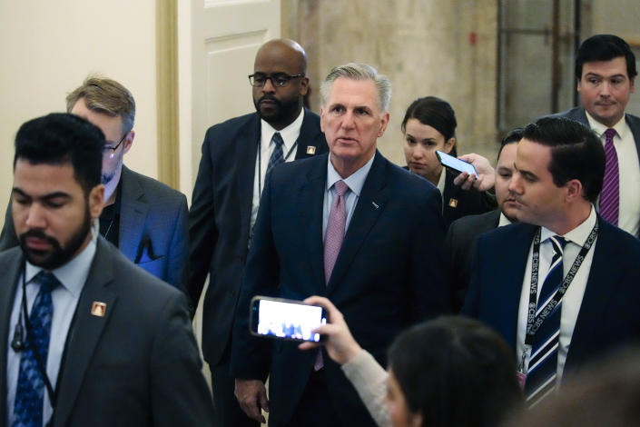 House Republican Leader Kevin McCarthy, R-Calif., arrives as the House meets for the fourth day to elect a speaker and convene the 118th Congress in Washington, Friday, Jan. 6, 2023. (AP Photo/Matt Rourke)