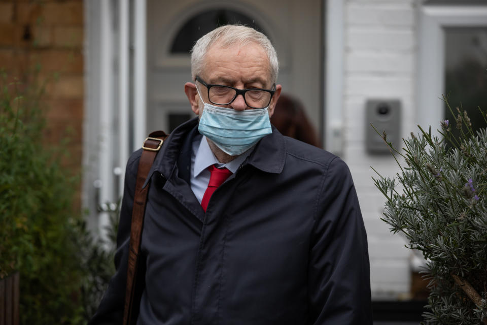 Former Labour leader Jeremy Corbyn leaves his house in North London ahead of the release of an anti-Semitism report by the Equality and Human Rights Commission (EHRC). (Photo by Aaron Chown/PA Images via Getty Images)