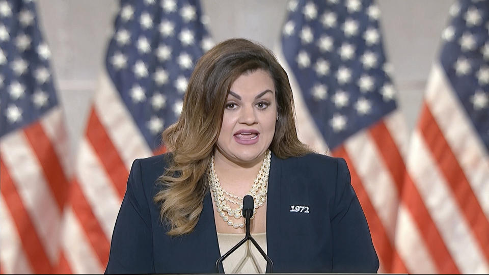 In this image from video, Abby Johnson speaks from Washington, during the second night of the Republican National Convention on Tuesday, Aug. 25, 2020. (Courtesy of the Committee on Arrangements for the 2020 Republican National Committee via AP)