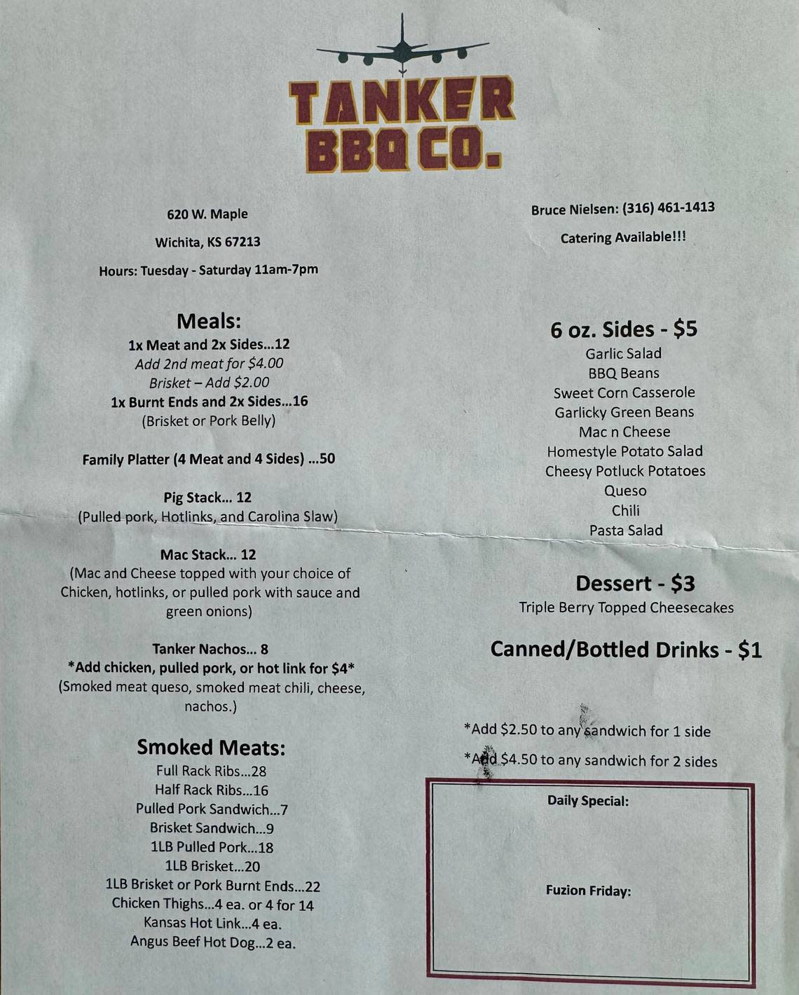 A recent menu at Tanker BBQ Co.
