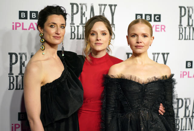 Natasha O&#39;Keeffe (left), Sophie Rundle (centre) and Kate Phillips attending the premiere for the sixth, and final, series of Peaky Blinders at Cineworld, in Birmingham. Picture date: Thursday February 24, 2022. (Photo by Jacob King/PA Images via Getty Images)
