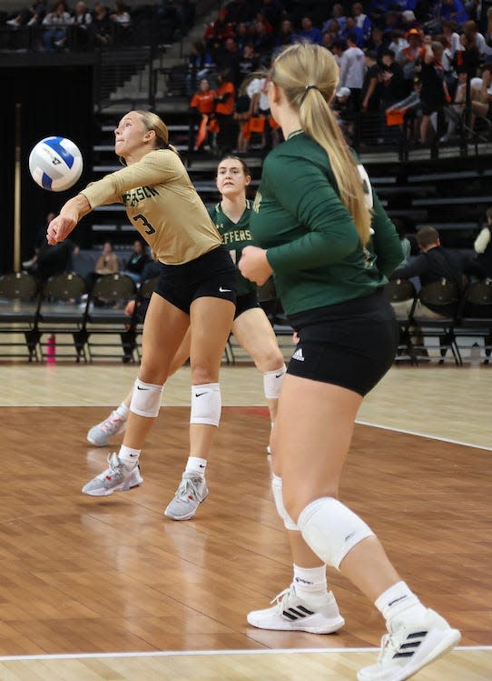 Sioux Falls Jefferson's Cora Hokenstad digs the ball during the third-place match against O'Gorman in the state Class AA volleyball tournament on Saturday, Nov. 18, 2023 in the Summit Arena at The Monument in Rapid City.