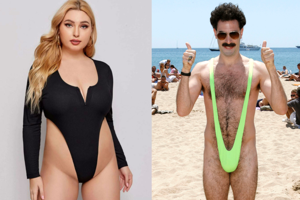 Mit seinem ultrahohen Ausschnitt erinnert der Shein-Body an den berühmten Mankini aus "Borat" (Bilder: Shein/ddp images)