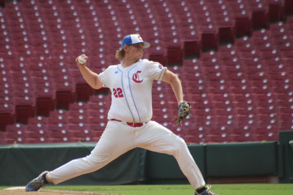 Conner junior Brody Mangold delivers a pitch as Conner defeated Campbell County 7-3 in KHSAA baseball as part of the Big League Weekend of the Reds Futures Showcase at Great American Ball Park, May 14, 2022.
