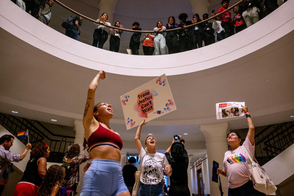 Community members and activists  protest against numerous anti-LGBTQ+ and drag bills being proposed in the legislature at the Capitol in Austin, Texas, on April 20, 2023. (Brandon Bell / Getty Images)