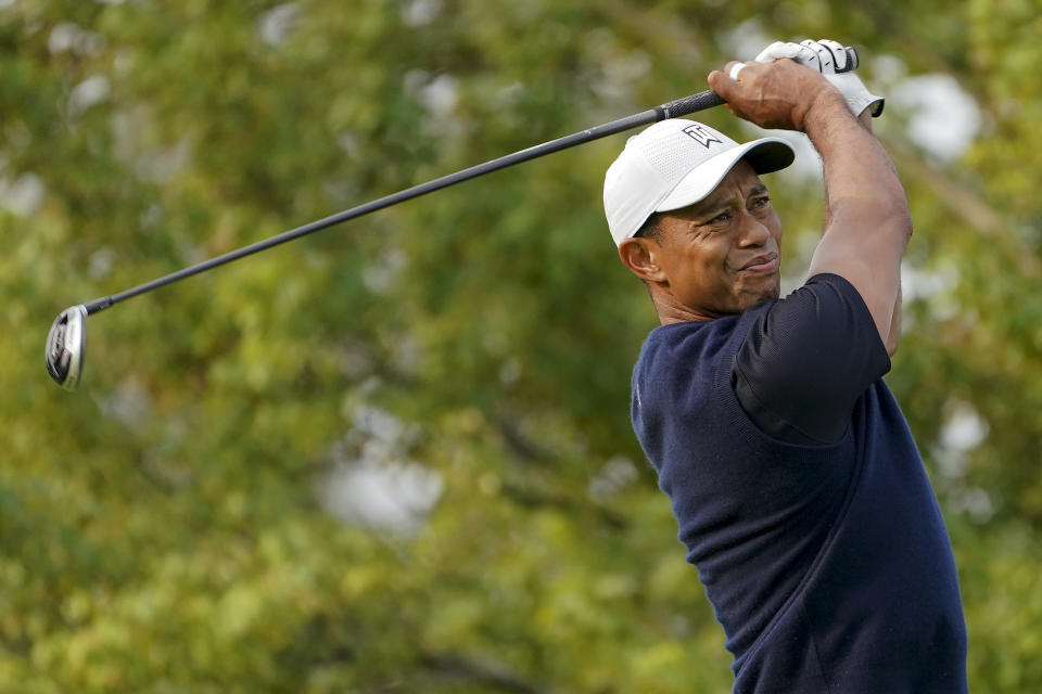 Tiger Woods, of the United States, plays his shot from the second tee during the first round of the US Open Golf Championship, Thursday, Sept. 17, 2020, in Mamaroneck, N.Y. (AP Photo/John Minchillo)