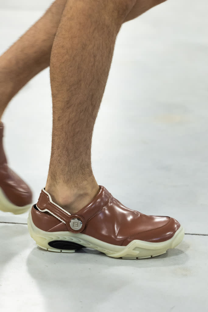 FLORENCE, ITALY - JUNE 15: A model, shoe detail, walks the runway at the Fendi Men&#39;s SS24 Fashion Show at Fendi Factory on June 15, 2023 in Florence, Italy. (Photo by Pietro D&#39;Aprano/Getty Images)