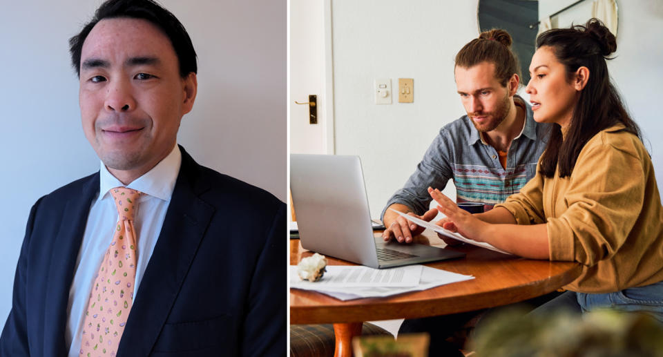 Andrew Wong (left) and a couple discussing their finances in front of a laptop (right).