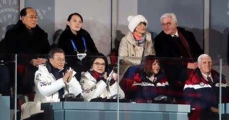 U.S. Vice President Mike Pence and his wife Karen, South Korean President Moon Jae-in and his wife Kim Jung-sook, North Korea's nominal head of state Kim Yong Nam, North Korean leader Kim Jong Un's younger sister Kim Yo Jong, and German President Frank-Walter Steinmeier and his wife Elke Buedenbender sit at the Winter Olympics opening ceremony in Pyeongchang, South Korea February 9, 2018. Yonhap via REUTERS