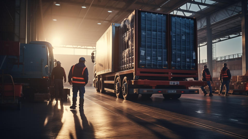 Several workers loading an industrial truck with components for delivery.