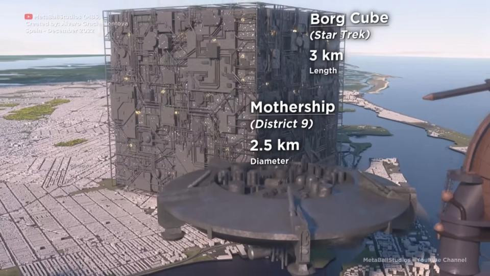 Starship size comparison video includes Star Trek Borg Cube an Mothership from District 9