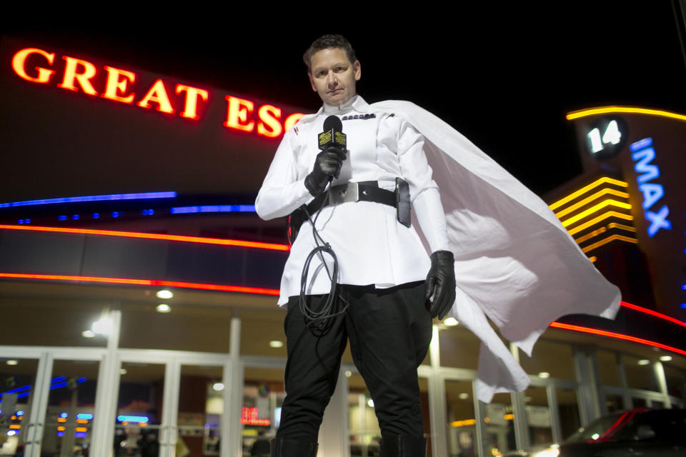 Scott Pineau of Dalton, Pa., is dressed as Director Orson Krennic for the opening night of "Rogue One," a new movie in the Star Wars series at the Regal Theater in Dickson City, Pa.