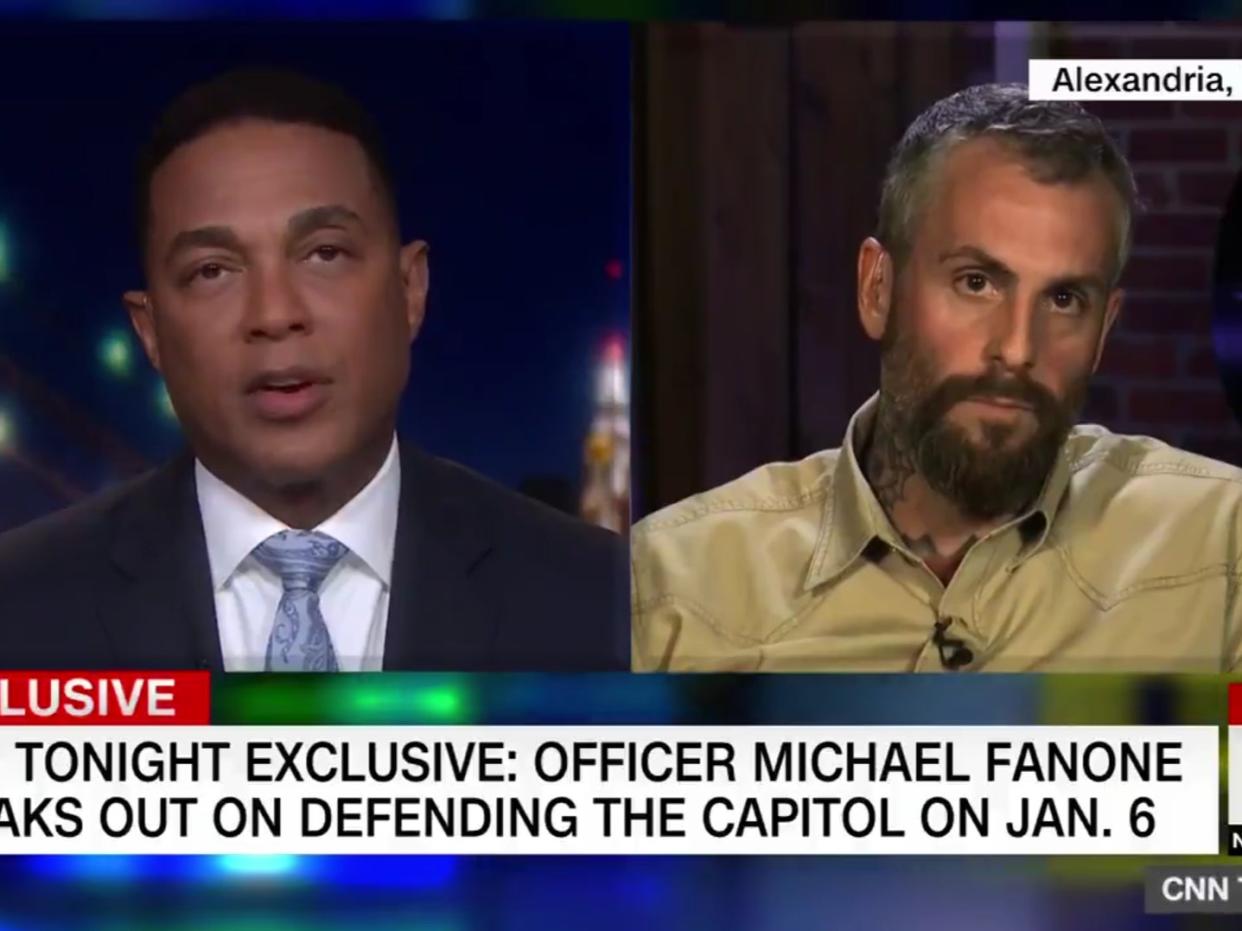 <p>CNN Tonight host Don Lemon (left) interviews DC officer Michael Fanone (right)</p> (CNN/CNN Tonight)