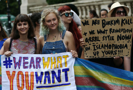 Protesters demonstrate against France's ban of the burkini, outside the French Embassy in London, Britain August 25, 2016. REUTERS/Neil Hall