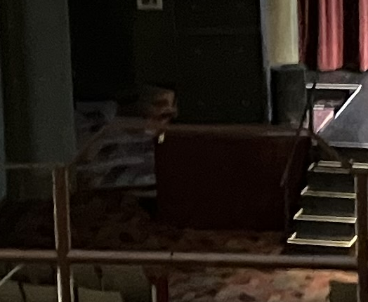 This is a photo taken while touring The Capitol. There have been several reports of paranormal activity at the theater, including the sounds of men's dress shoes. This photo, which is zoomed in and cropped, seemingly shows a ghost with a handlebar mustache.