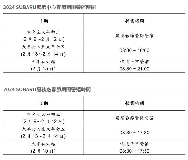 圖／SUBARU全台服務據點農曆春節營運時間公告。