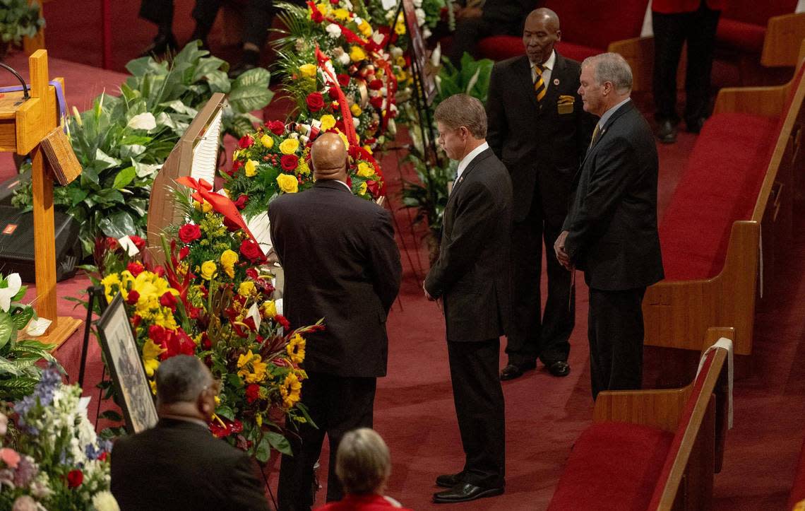 Kansas City Chiefs Chairman and CEO Clark Hunt pays his respects during a visitation period for Chiefs wide receiver Otis Taylor Wednesday, March 22, 2023, at Friendship Baptist Church in Kansas City. Taylor played from 1965-75 and was inducted into the Chiefs Hall of Fame in 1982.
