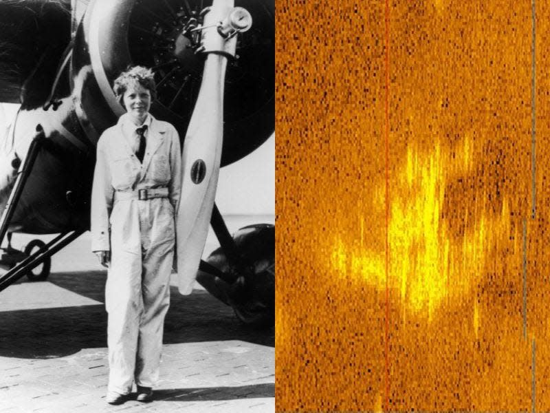 Amelia Earhart in front of the Lockheed-Electra monoplane and a sonar image of what researchers believe may be the wreckage of her ill-fated flight.