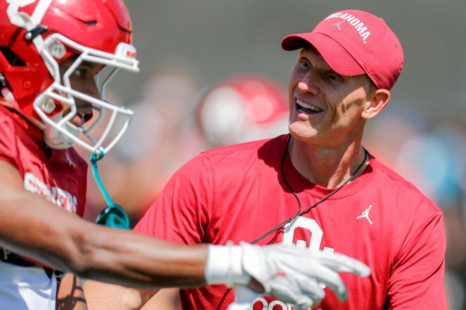 Head coach Brent Venables runs an Oklahoma football practice in Norman, Okla., on Friday, April 12, 2024.