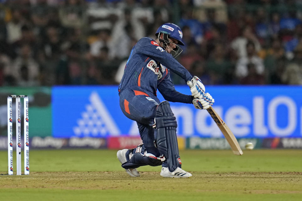 Lucknow Super Giants' Quinton de Kock plays a shot during the Indian Premier League cricket match between Royal Challengers Bengaluru and Lucknow Super Giants in Bengaluru, India, Tuesday, April 2, 2024. (AP Photo/Aijaz Rahi)