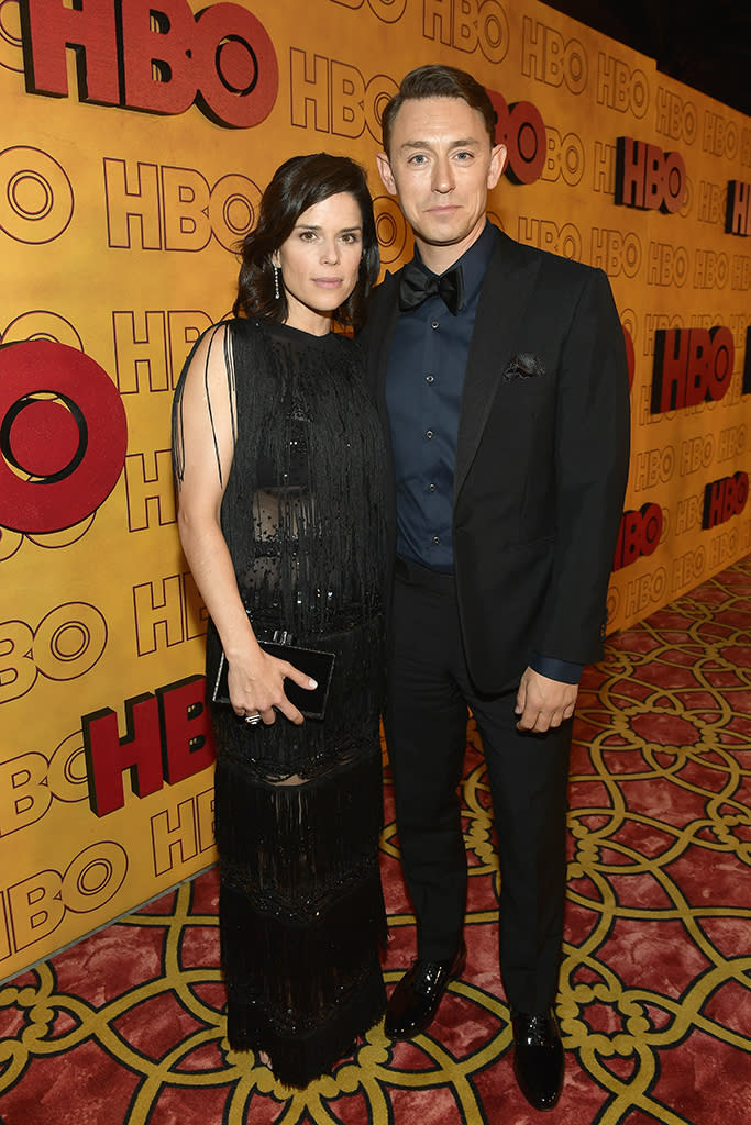 <p><em>House of Cards</em>‘ Neve Campbell and JJ Feild attended HBO’s Post Emmy Awards Reception at the Plaza at the Pacific Design Center. (Photo: Matt Winkelmeyer/Getty Images) </p>