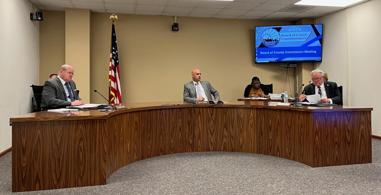 The Shawnee County Commissioners listen as a measure is explained during the twice-weekly meeting.