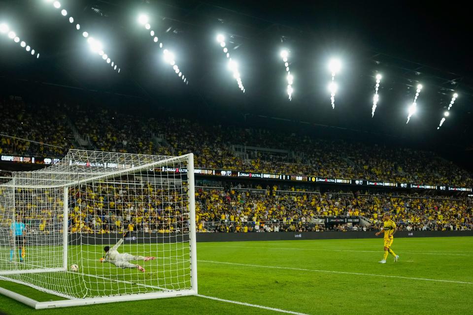 Sep 25, 2024; Columbus, Ohio, USA; Columbus Crew forward Cucho Hernandez (9) makes a penalty kick against Club América Luis Ángel Malagón Velázquez (1) in the Campeones Cup Final at Lower.com Field. The Crew lost 5-4.