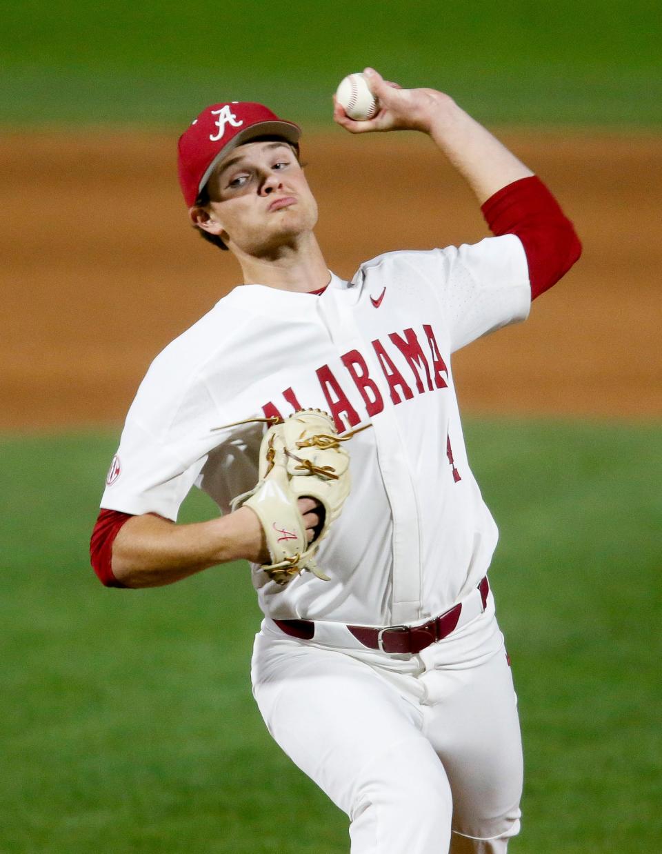 Alabama pitcher Connor Prielipp (4) delivers a pitch as the Crimson Tide opened a series with Lipscomb Friday, March 6, 2020. [Staff Photo/Gary Cosby Jr.] 