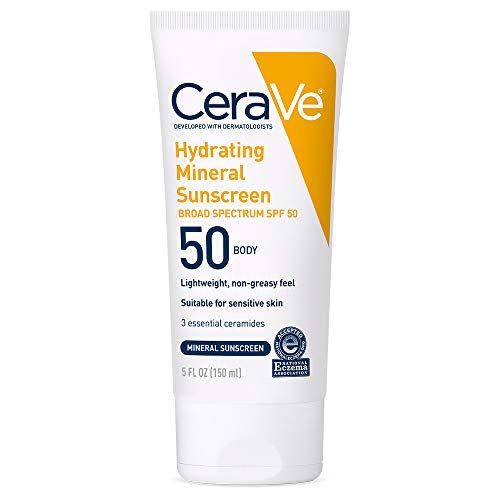 15) CeraVe 100% Mineral Sunscreen SPF 50 | Body Sunscreen with Zinc Oxide & Titanium Dioxide for Sensitive Skin | With Hyaluronic Acid and Ceramides | 5 oz