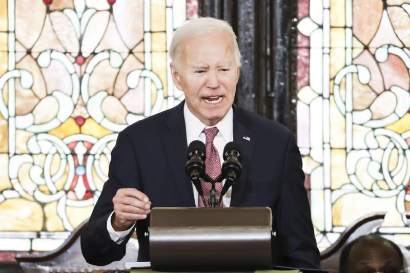 President Joe Biden speaks during a campaign event at Mother Emanuel AME Church in Charleston, S.C., on Monday. The church was the site of a deadly mass shooting in 2015, in which nine black church members were killed by a white gunman. Photo by Erik S. Lesser/EPA-EFE