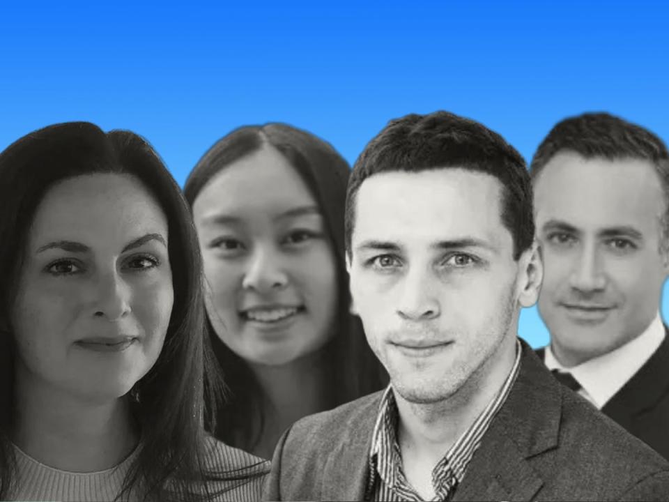 Black and white headshots of two men and two women on a blue background