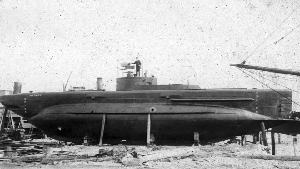 This 1907 photo, from Chapman University, Frank Mt. Pleasant Library of Special Collections and Archives, shows the Defender submarine. The wreckage of the Defender submarine, built in 1907 before being rejected by the Navy, has been discovered off the coast of Connecticut in Long Island Sound, Sunday, April 16, 2023, by a group of commercial divers. (Chapman University, Frank Mt. Pleasant Library of Special Collections and Archives via AP)