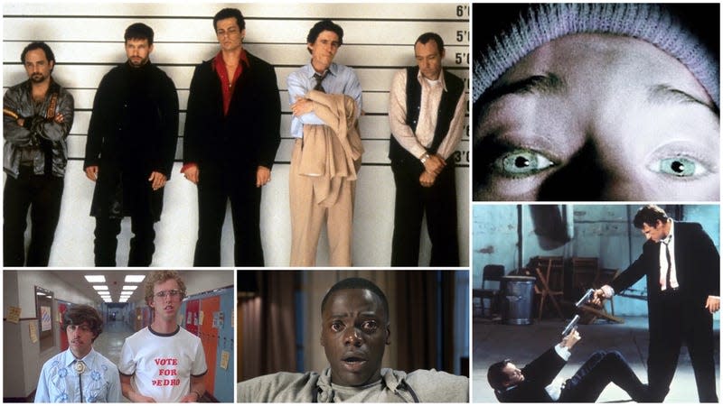Clockwise from bottom left: The Usual Suspects, The Blair Witch Project, Reservoir Dogs, Get Out, Napoleon Dynamite