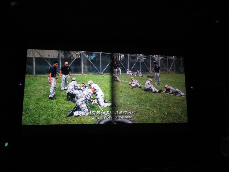 Screening “Ah Boys To Men 3” using laser projection (on the left) and conventional projection (on the right).