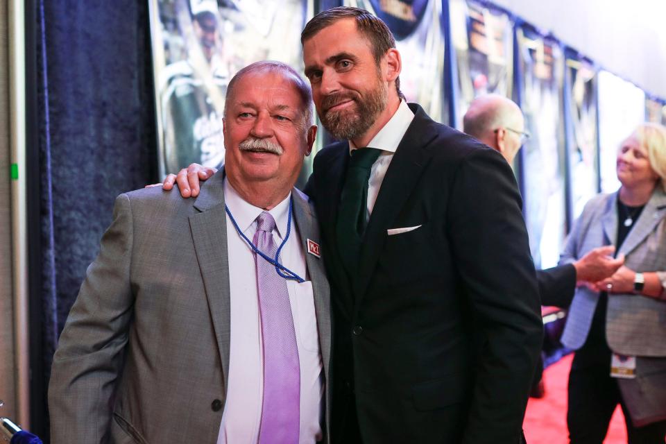 Former Red Wings Zamboni driver Al Sobotka poses for a photo with Henrik Zetterberg during the Michigan Sports Hall of Fame Class of 2023 induction ceremony at Soundboard Theater in Detroit on Thursday, Sept. 14, 2023.