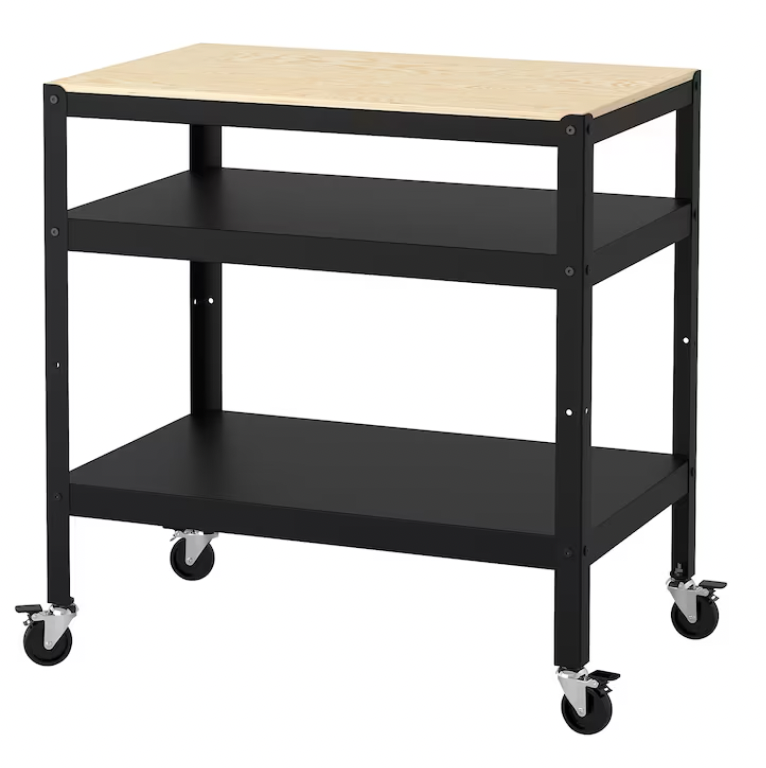 Black metal cart on wheels with wooden work top