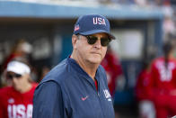 FILE - Team USA's head coach Ken Eriksen watches his team take to the field for the fifth inning against Team Alliance at Momentum Bank Ballpark in Midland, Texas, in this Saturday, June 13, 2021, file photo.Eriksen predicts tight competition in softball as the sport returns to the Olympics for the first time since 2008. (Jacob Ford/Odessa American via AP, File)