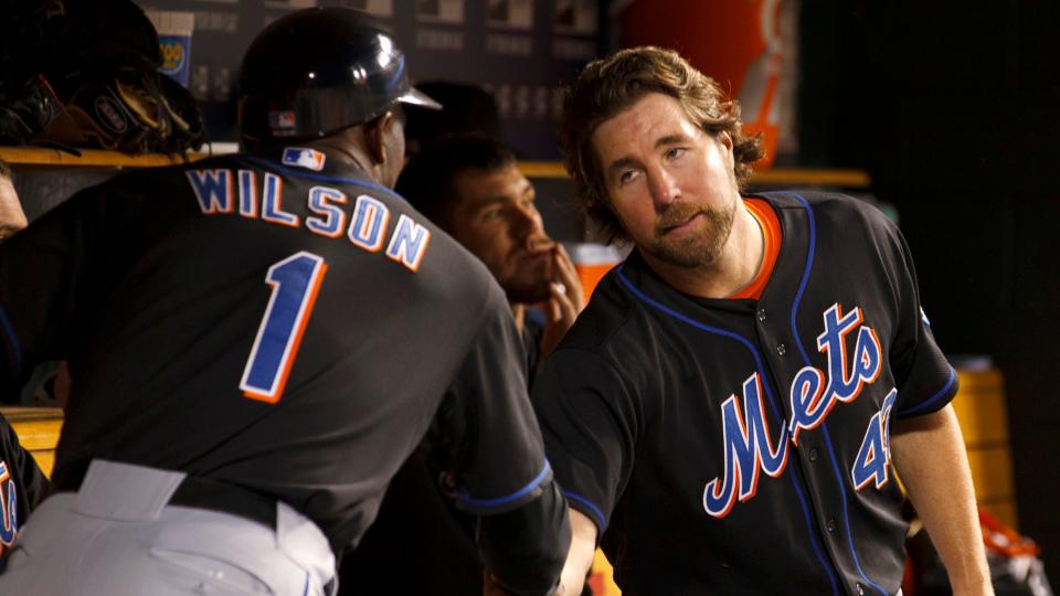 Mets RHP R.A. Dickey and coach Mookie Wilson