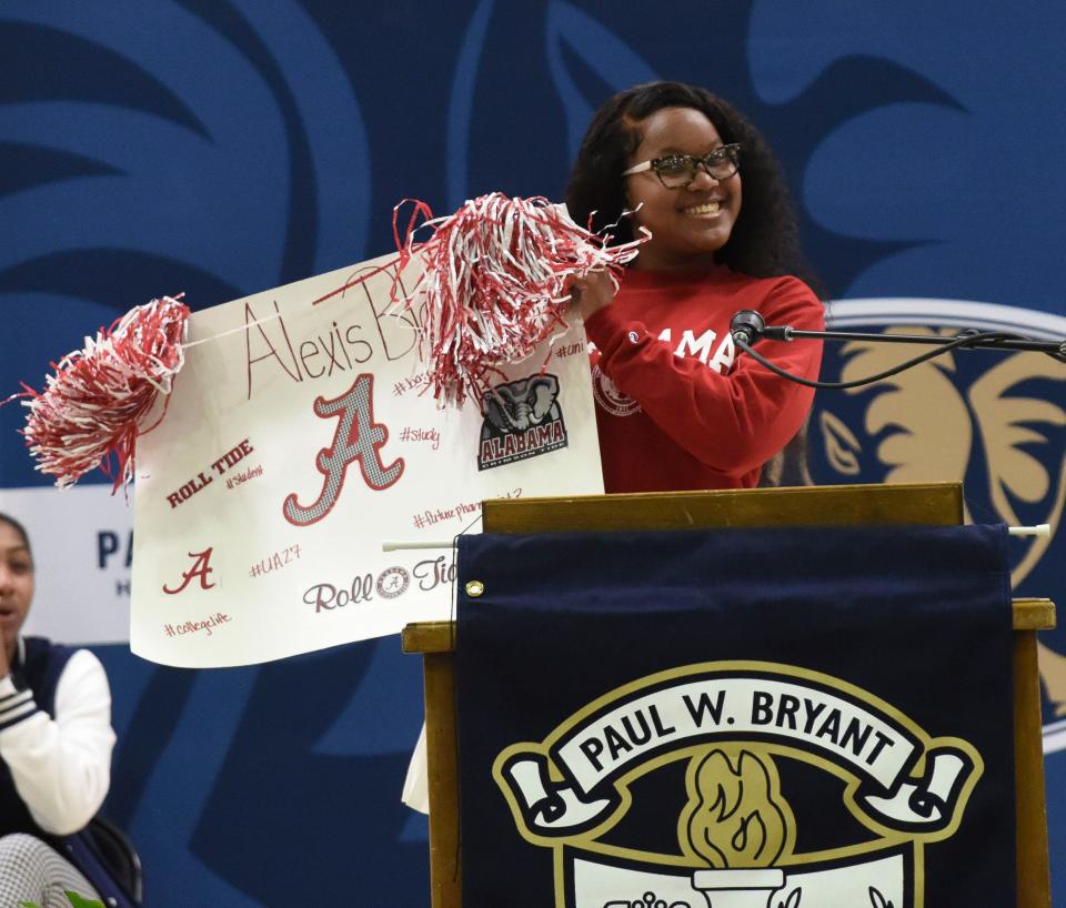 Paul Bryant High seniors celebrate Commitment Day where they declare before the student body their future intentions for academic, military, or career endeavors Thursday, April 27, 2023.  