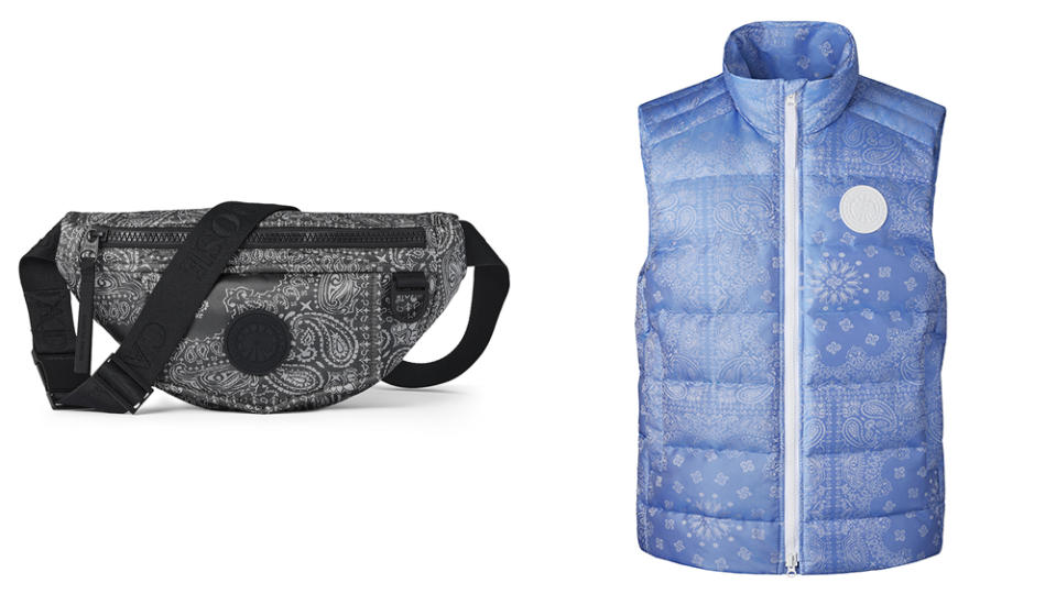 The matching waist bag and Crofton Puffer Vest in the Polar Sky hue