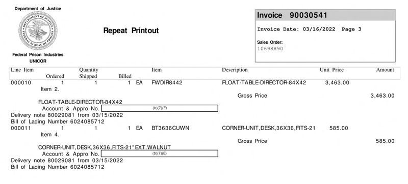 Invoice sent by Unicor to ICE for a float table and a corner desk on March 16, 2022.