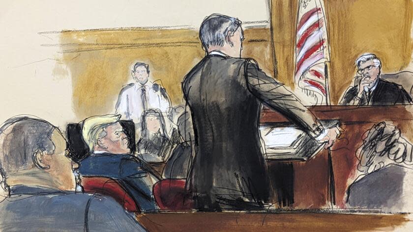 Assistant district Attorney Christopher Conroy presents his arguments charging Donald Trump, second from left, with contempt to Judge Juan Merchan in Manhattan criminal court, Tuesday, April 23, 2024, in New York. (Elizabeth Williams via AP)