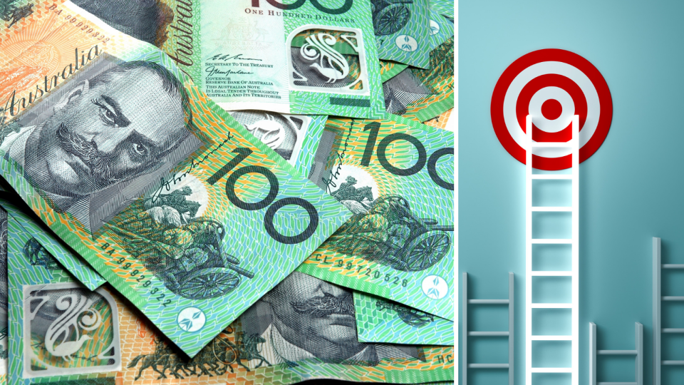 Australian dollars and ladder to a target. Source: Getty Images